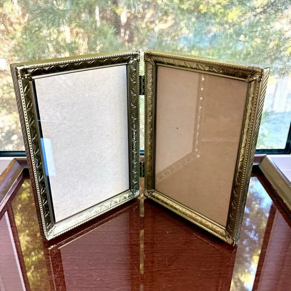Vintage Hinged Double Picture Frame Gold Tone with Purple Velvet Back